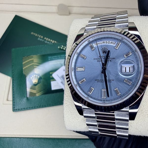 FSOT: BNIB Rolex 228236 Day Date Platinum Ice Blue Baguette…