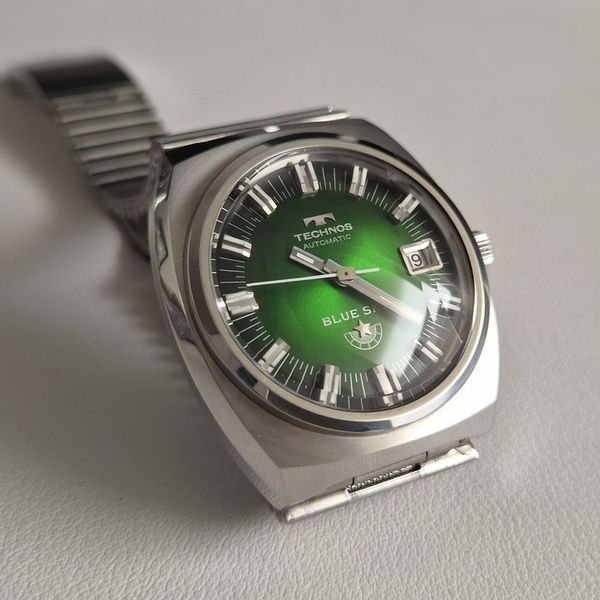 REDUCED: Technos Blue Sky, green dial vintage, full set, NOS