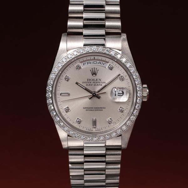 FS: 1989 Rolex 18K White Gold Day-Date 18349 Silver Diamond…