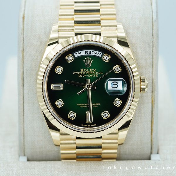 FSOT: Rolex 128238 DAY DATE 36 YELLOW GOLD GREEN OMBRE DIAM…