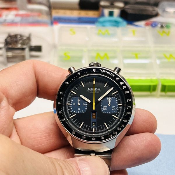 76 Seiko 6138-0040 Bullhead Black/Blue Chronograph on OE Fi…