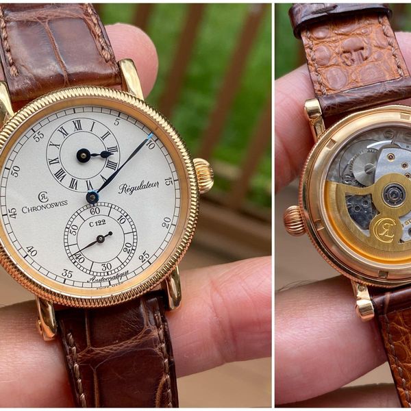 Chronoswiss. Regulator. Solid Gold. Box, Papers. Blue hands…