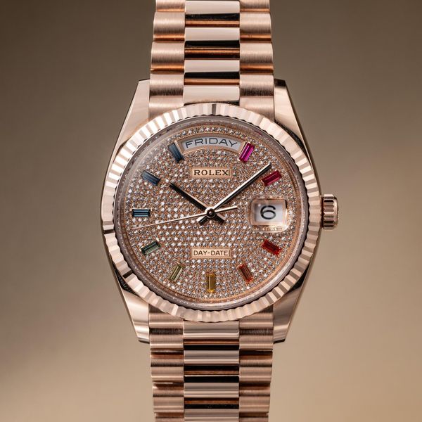 FS: 2021 Rolex 18K RG Day-Date 128235 Pave Rainbow Dial wit…
