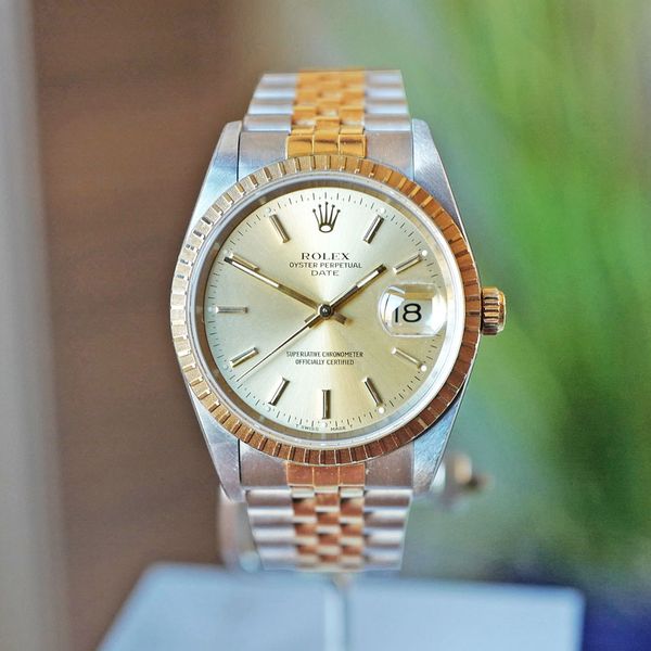 FS ROLEX Date Two Tone Champagne Dial Engine Turned Bezel o…